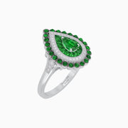 Vintage Inspired Triple Halo Pear-Shaped Ring with Customizable French-Cut and Cabochon Gemstones - Shahin Jewelry